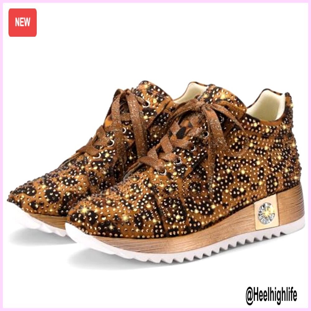 Glitter Platform Wedge Sneakers with Rhinestones, 1.8 Inch Heel, Sparkly High - Picture 5 of 7